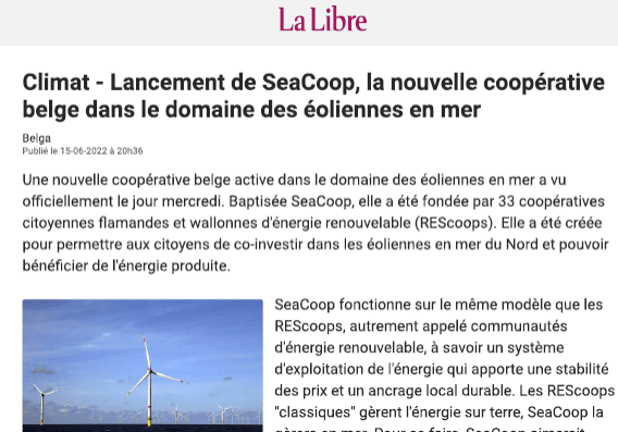 La Libre annonce le lancement de SeaCoop article 15 juin 2022